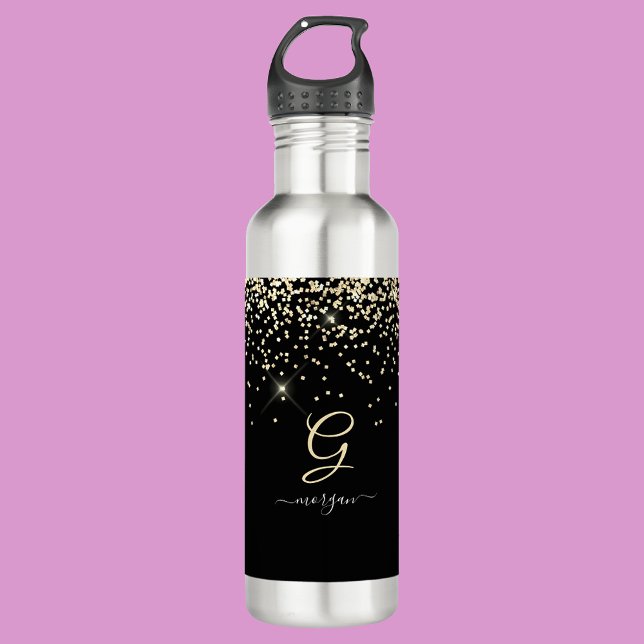 Gold Glitter & Monogram White Script Name on Black Stainless Steel Water Bottle (Creator Uploaded)