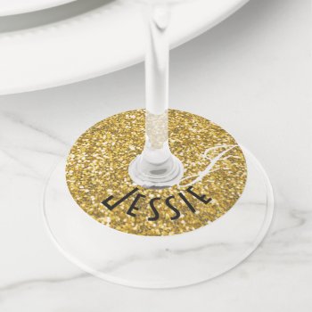 Gold Glitter Monogram Wine Glass Tag by TheSillyHippy at Zazzle