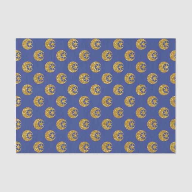 Gold Glitter Moon and Stars on Blue Tissue Paper (Front)