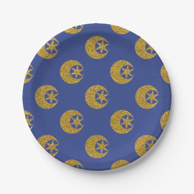 Gold Glitter Moon and Stars Pattern on Blue Paper Plates (Front)