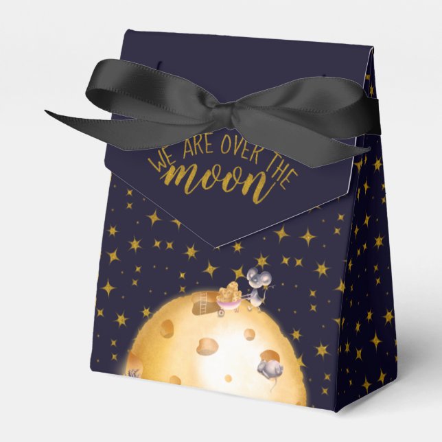 Gold glitter, moon made of cheese, baby shower favor boxes (Front Side)