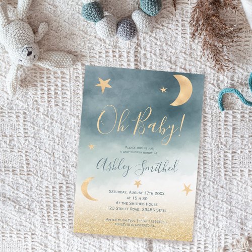 Gold glitter moon star blue watercolor baby shower invitation