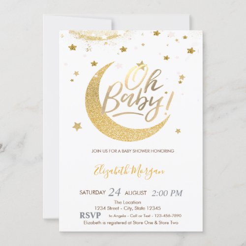 Gold Glitter Moon Stars Baby Shower Invitation