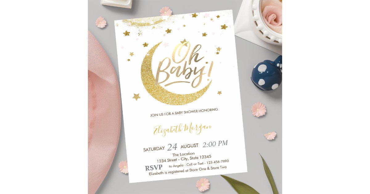 Gold Glitter Moon Stars Baby Shower Invitation | Zazzle