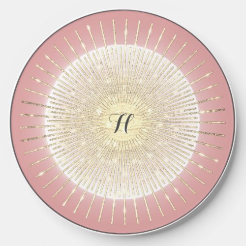 Gold Glitter Moon Sun Cute Pink Monogram White Wireless Charger