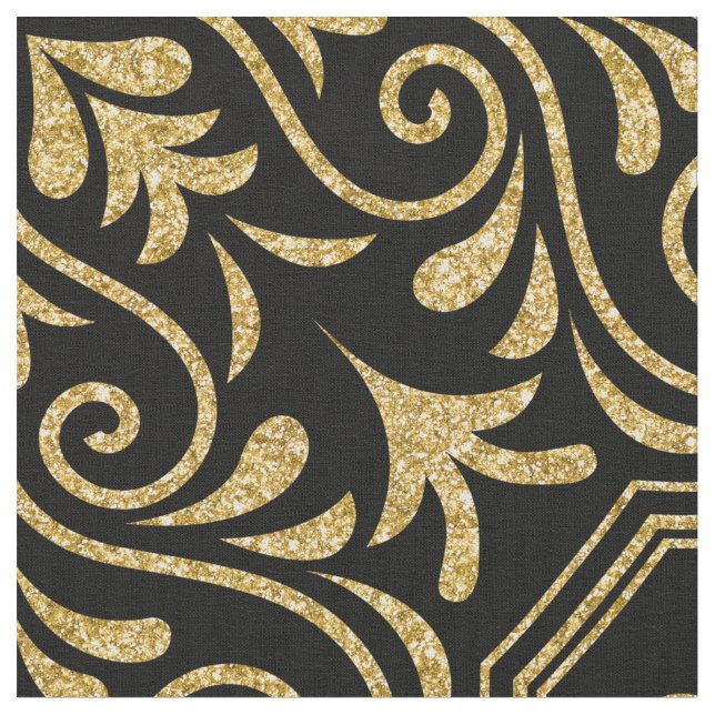 Gold Glitter Moroccan Floral Pattern On Black Fabric (Close Up)