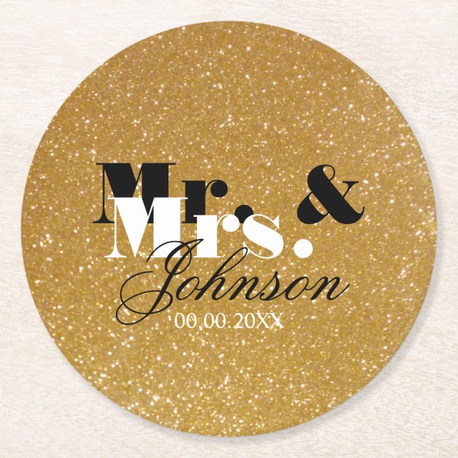 Gold glitter Mr and Mrs coasters for wedding party (Front)