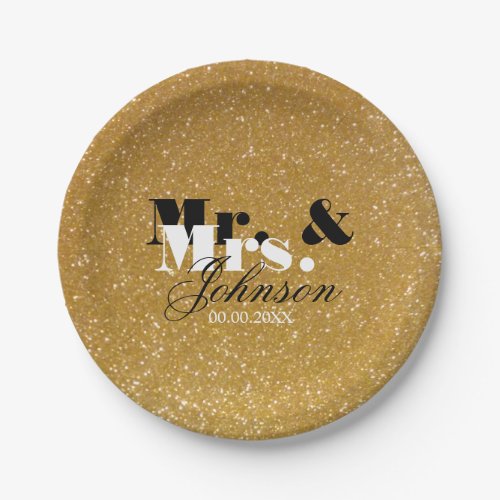 Gold glitter Mr and Mrs wedding paper plates