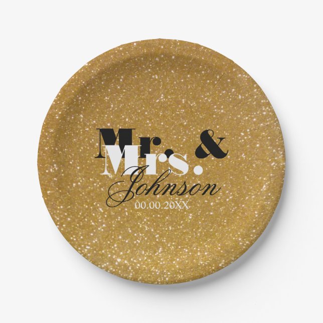 Gold glitter Mr and Mrs wedding paper plates (Front)