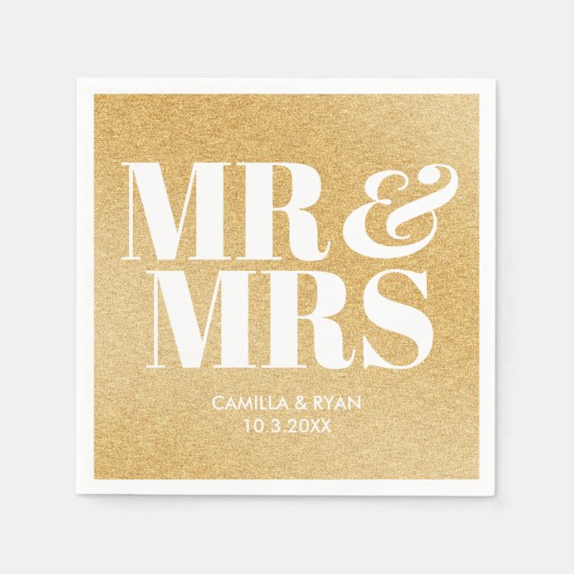 Gold Glitter Mr & Mrs Personalized Wedding Napkins (Front)