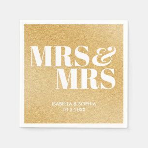 Gold Glitter Mrs & Mrs Bride Personalized Wedding Napkins