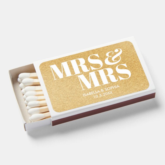 Gold Glitter Mrs & Mrs Personalized Wedding Matchboxes (Front Open)