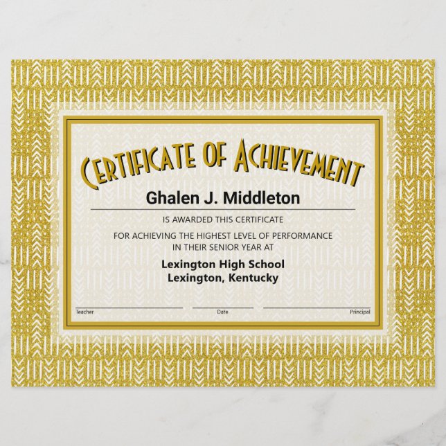 Gold Glitter Mud Cloth Certificate of Achievement (Front)