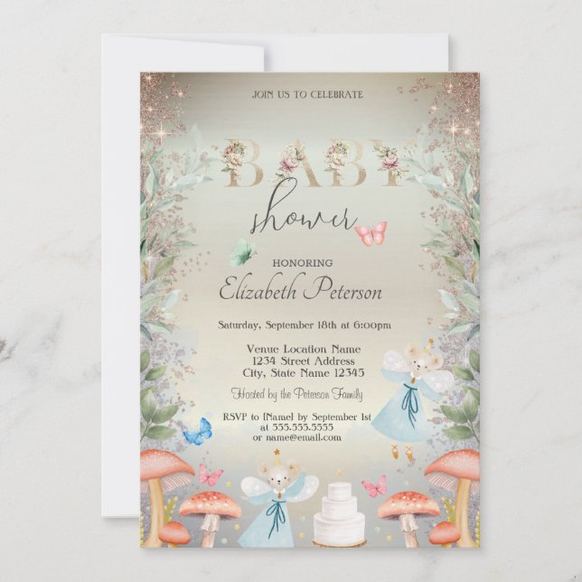Gold Glitter Mushrooms Baby Mouses Baby Shower Invitation (Front)