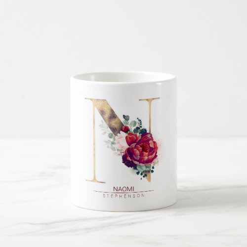 Gold Glitter N Monogram Floral Burgundy Red Coffee Mug