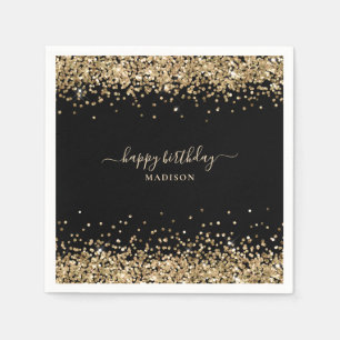 Gold Glitter Name Black Happy Birthday Napkins