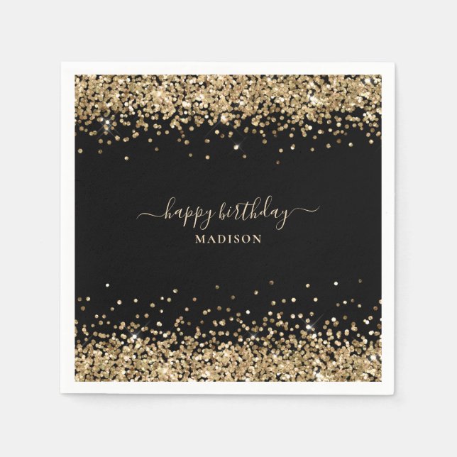 Gold Glitter Name Black Happy Birthday Napkins (Front)