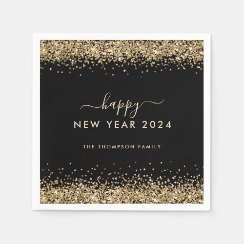 Gold Glitter Name Black Happy New Year 2024 Napkins