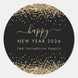 Gold Glitter Name Black Happy New Year 2026 Classic Round Sticker