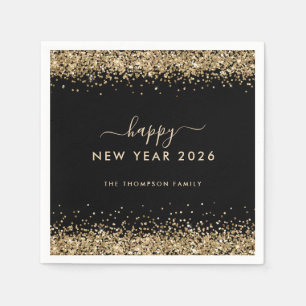 Gold Glitter Name Black Happy New Year 2026 Napkins