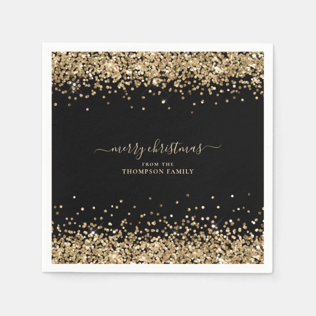 Gold Glitter Name Black Merry Christmas  Napkins (Front)