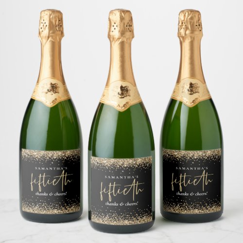 Gold Glitter Name Cheers Fiftieth Birthday Black Sparkling Wine Label