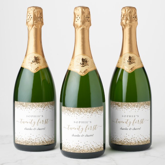 Gold Glitter Name Cheers Twenty First Birthday Sparkling Wine Label (Bottles)
