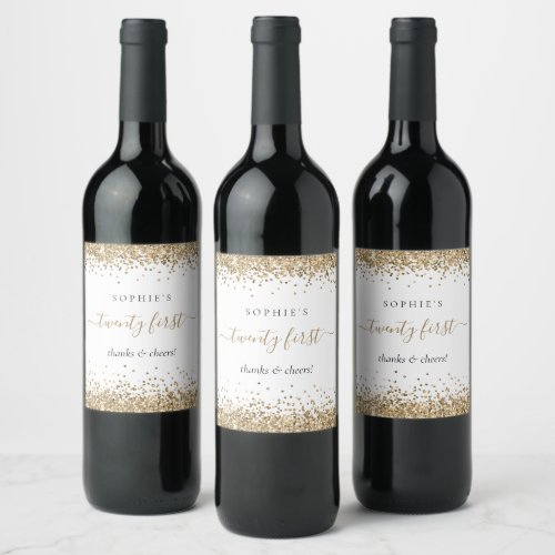 Gold Glitter Name Cheers Twenty First Birthday Wine Label