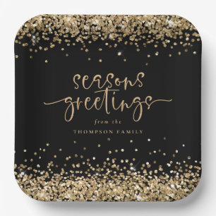 Gold Glitter Name Christmas Seasons Greetings Paper Plates