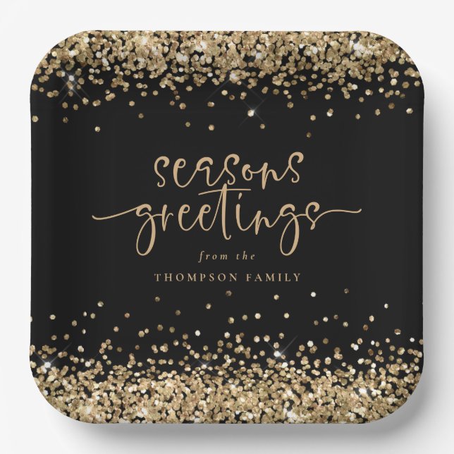 Gold Glitter Name Christmas Seasons Greetings Paper Plates (Front)