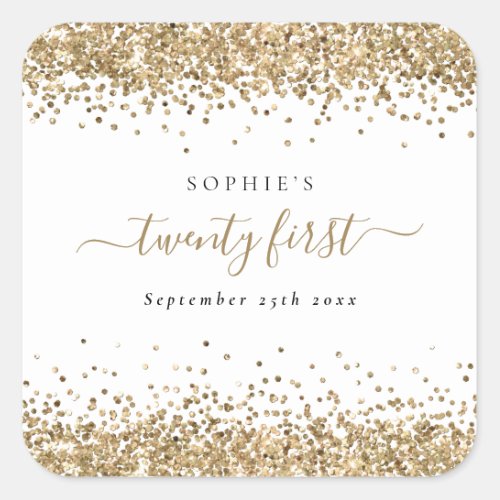Gold Glitter Name Date Twenty First Birthday Square Sticker