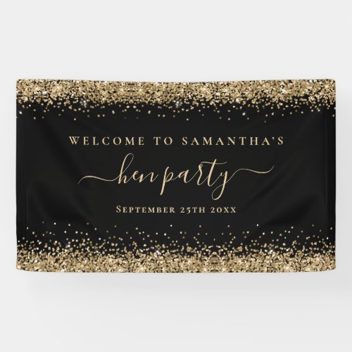 Gold Glitter Name Date Welcome to Hen Party Black Banner