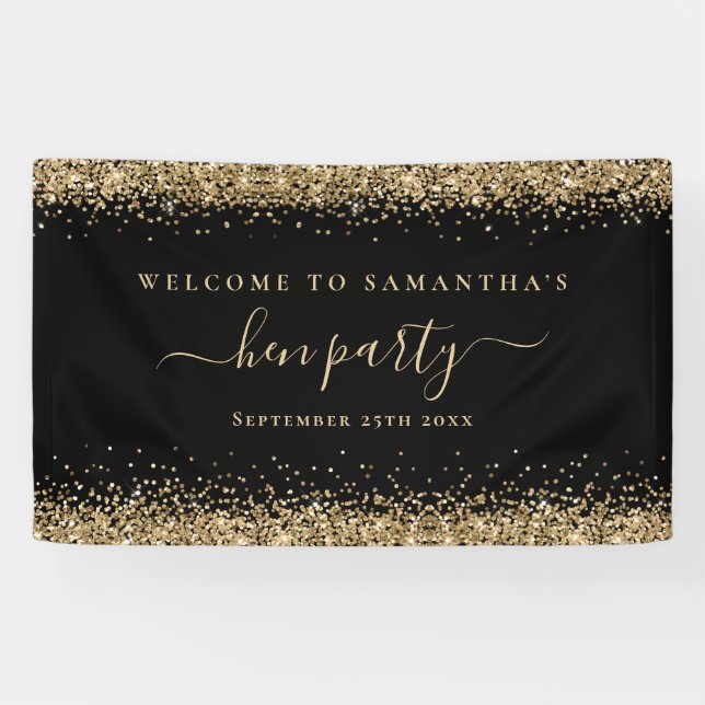 Gold Glitter Name Date Welcome to Hen Party Black Banner (Horizontal)
