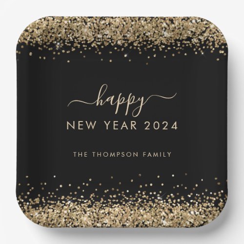 Gold Glitter Name Happy New Year 2024 Black Paper Plates