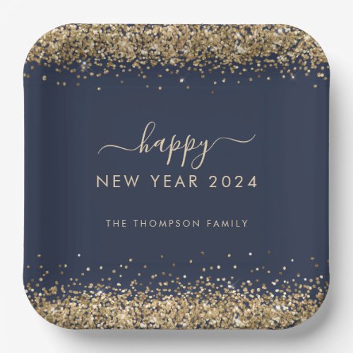 Gold Glitter Name Happy New Year 2024 Navy Blue Paper Plates