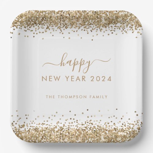 Gold Glitter Name Happy New Year 2024 White Paper Plates