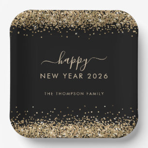 Gold Glitter Name Happy New Year 2026 Black Paper Plates