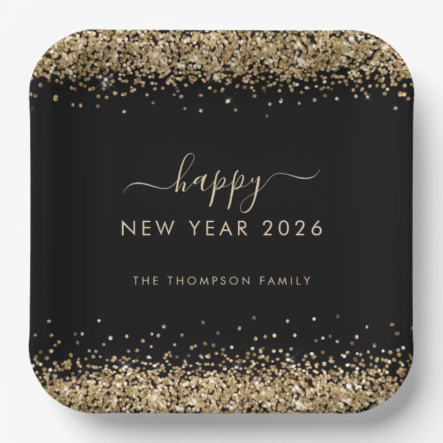 Gold Glitter Name Happy New Year 2026 Black Paper Plates (Front)