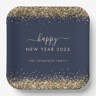 Gold Glitter Name Happy New Year 2026 Navy Blue Paper Plates