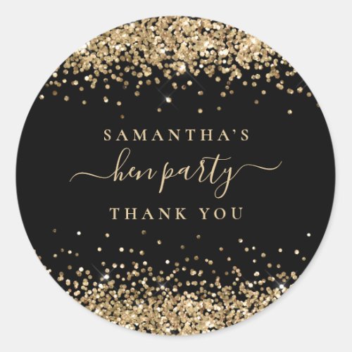 Gold Glitter Name Hen Party Black Thank You Classic Round Sticker