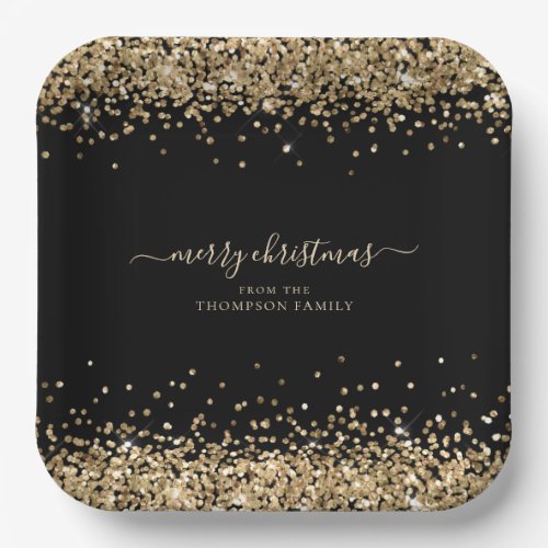 Gold Glitter Name Merry Christmas Black Paper Plates