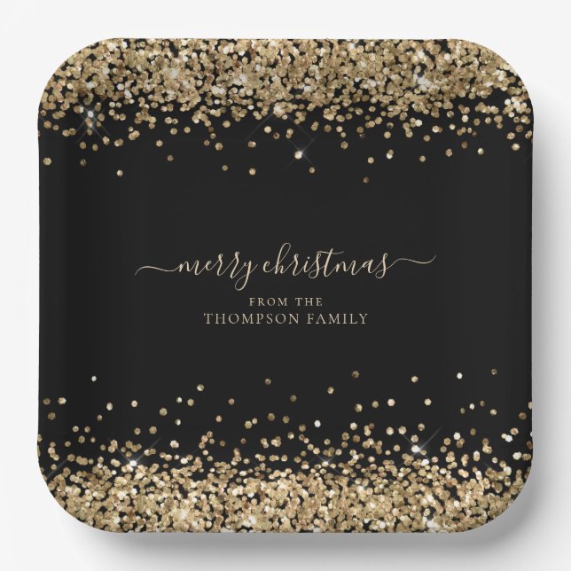 Gold Glitter Name Merry Christmas Black Paper Plates (Front)