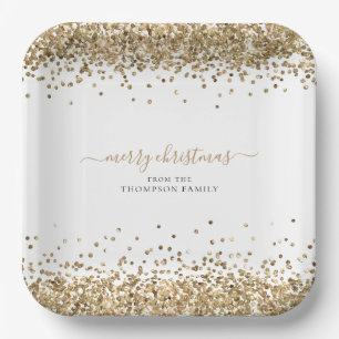 Gold Glitter Name Merry Christmas White  Paper Plates