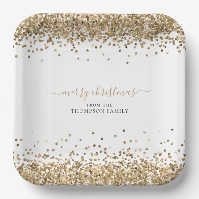 Gold Glitter Name Merry Christmas White  Paper Plates (Front)