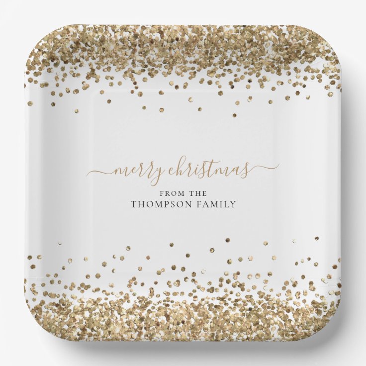 Gold Glitter Name Merry Christmas White Paper Plates Zazzle