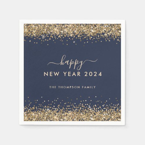 Gold Glitter Name Navy Blue Happy New Year 2024 Napkins