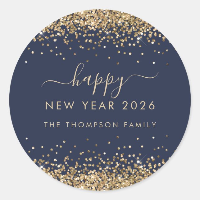 Gold Glitter Name Navy Blue Happy New Year 2026 Classic Round Sticker (Front)