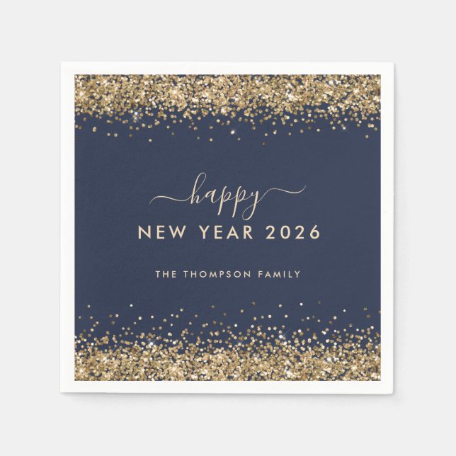 Gold Glitter Name Navy Blue Happy New Year 2026 Napkins (Front)