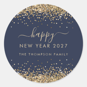 Gold Glitter Name Navy Blue Happy New Year 2027 Classic Round Sticker