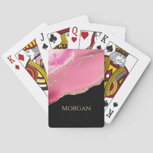 Gold Glitter & Name, Pink Agate on Black Poker Cards